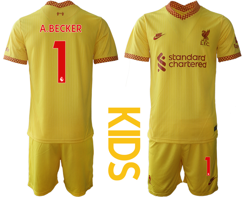 Youth 2021-2022 Club Liverpool Second away yellow #1 Soccer Jersey